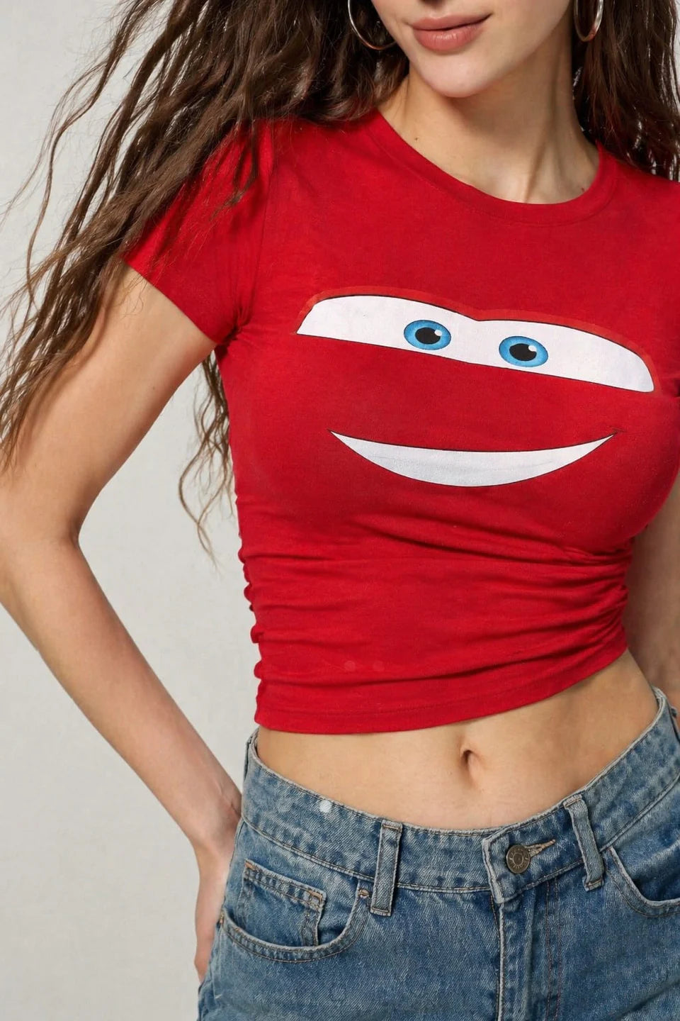 Red Cartoon Face Baby Tee – Y2K Fitted Crop Top