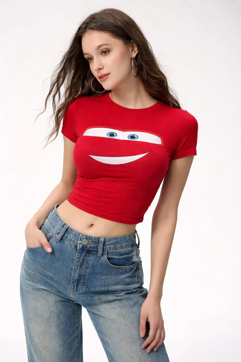 Red Cartoon Face Baby Tee – Y2K Fitted Crop Top