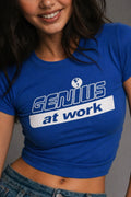 Genius at Work Baby Tee – Blue Graphic Fitted Crop Top