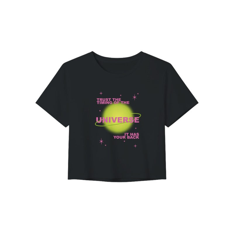 Trust the Timing of the Universe Women's Crop Top | Inspirational Cosmic Graphic Tee