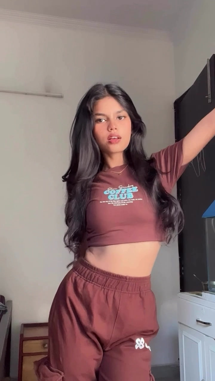 Coffee Club Brown Co-ord Set – Crop Top & Joggers